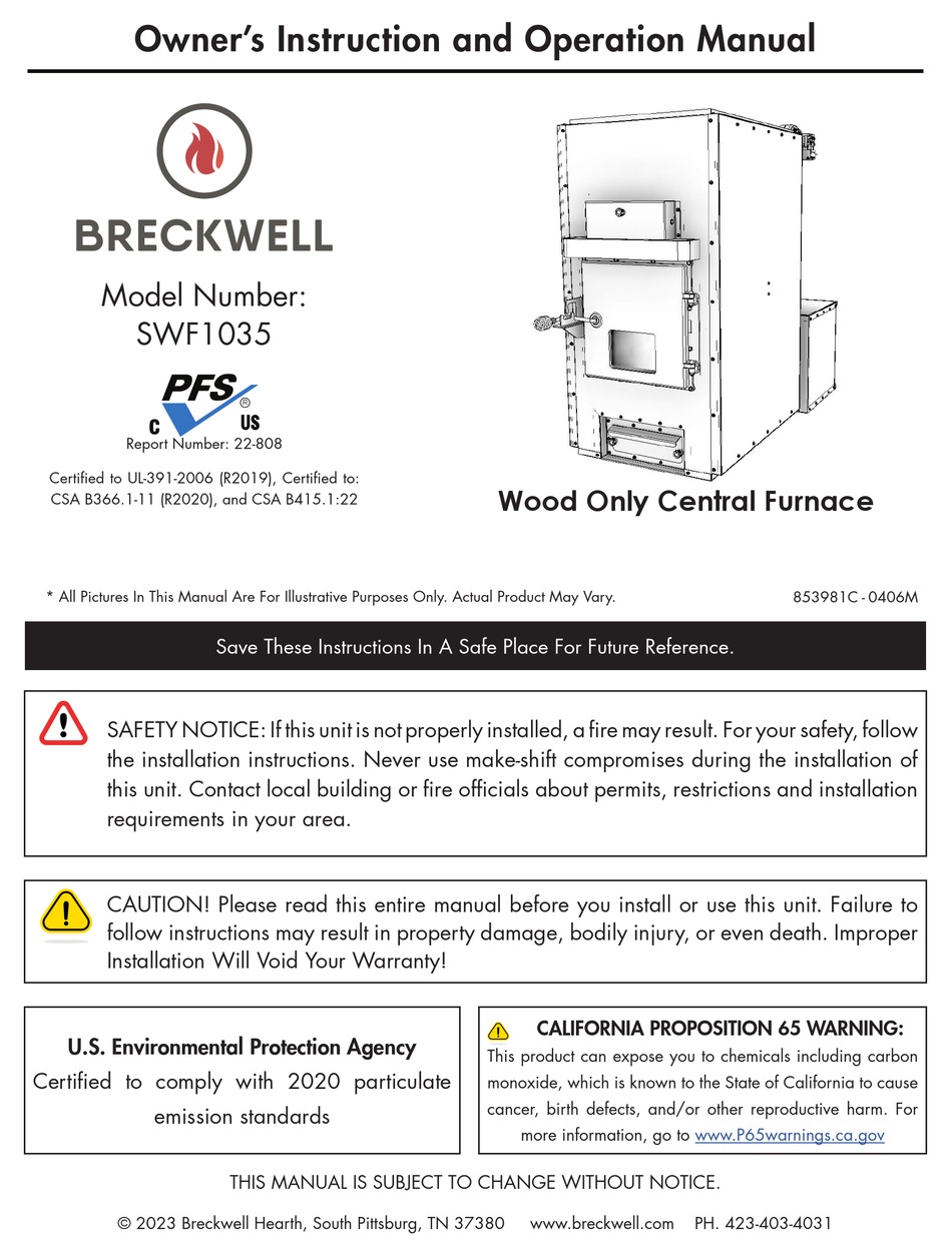 BRECKWELL SWF1035 OWNER’S INSTRUCTION AND OPERATION MANUAL Pdf Download