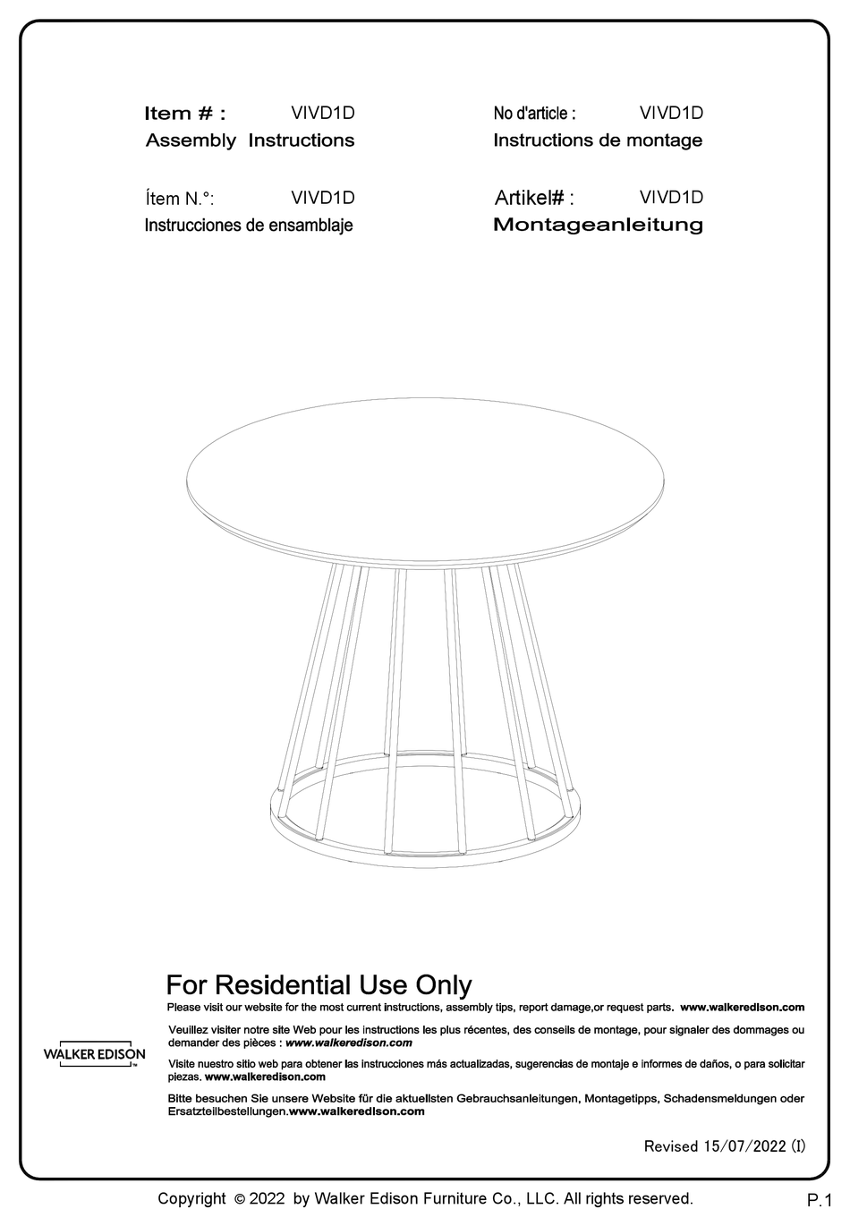 WALKER EDISON VIVD1D ASSEMBLY INSTRUCTIONS MANUAL Pdf Download ManualsLib