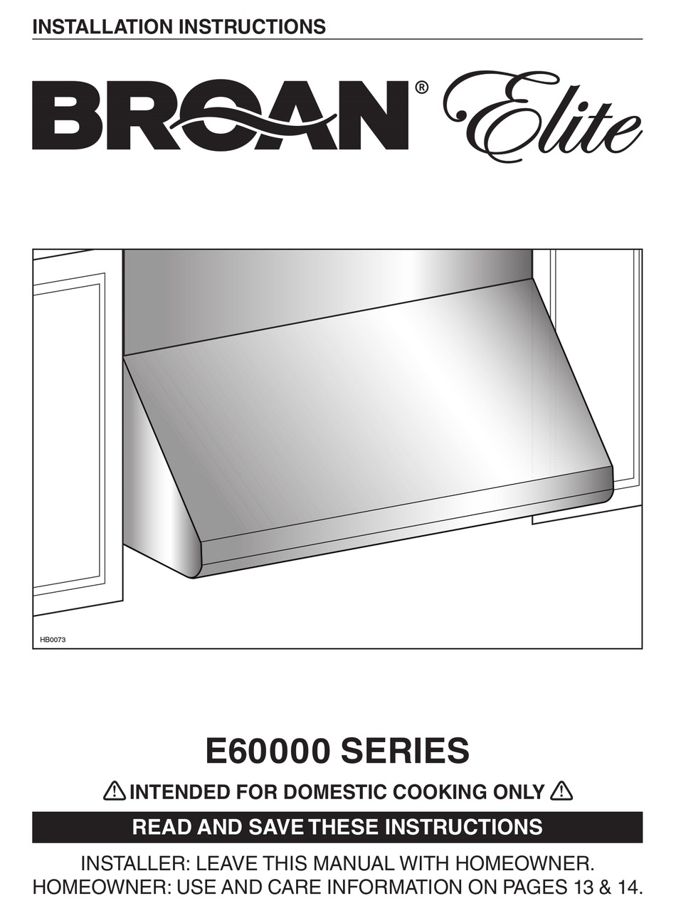 BROAN ELITE E60E INSTALLATION INSTRUCTIONS MANUAL Pdf Download ManualsLib