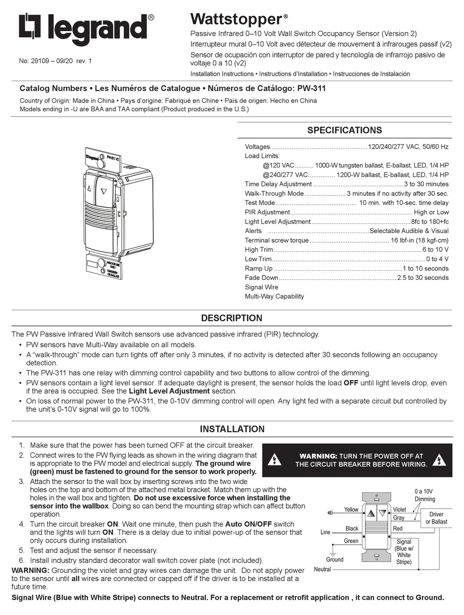 LEGRAND WATTSTOPPER PW-311-B INSTALLATION INSTRUCTIONS MANUAL Pdf ...