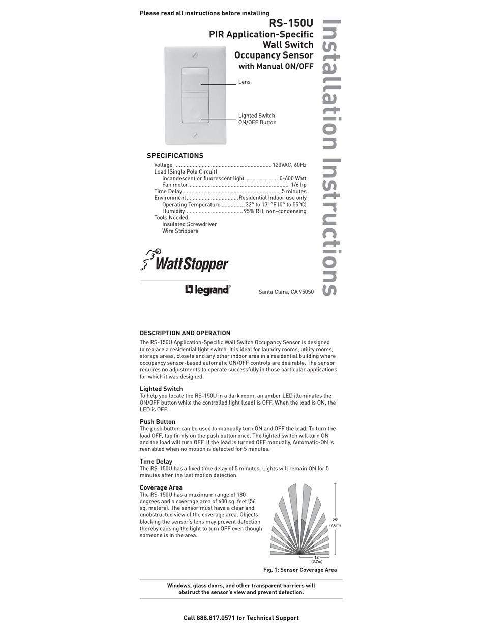 LEGRAND WATTSTOPPER RS-150U INSTALLATION INSTRUCTIONS MANUAL Pdf ...