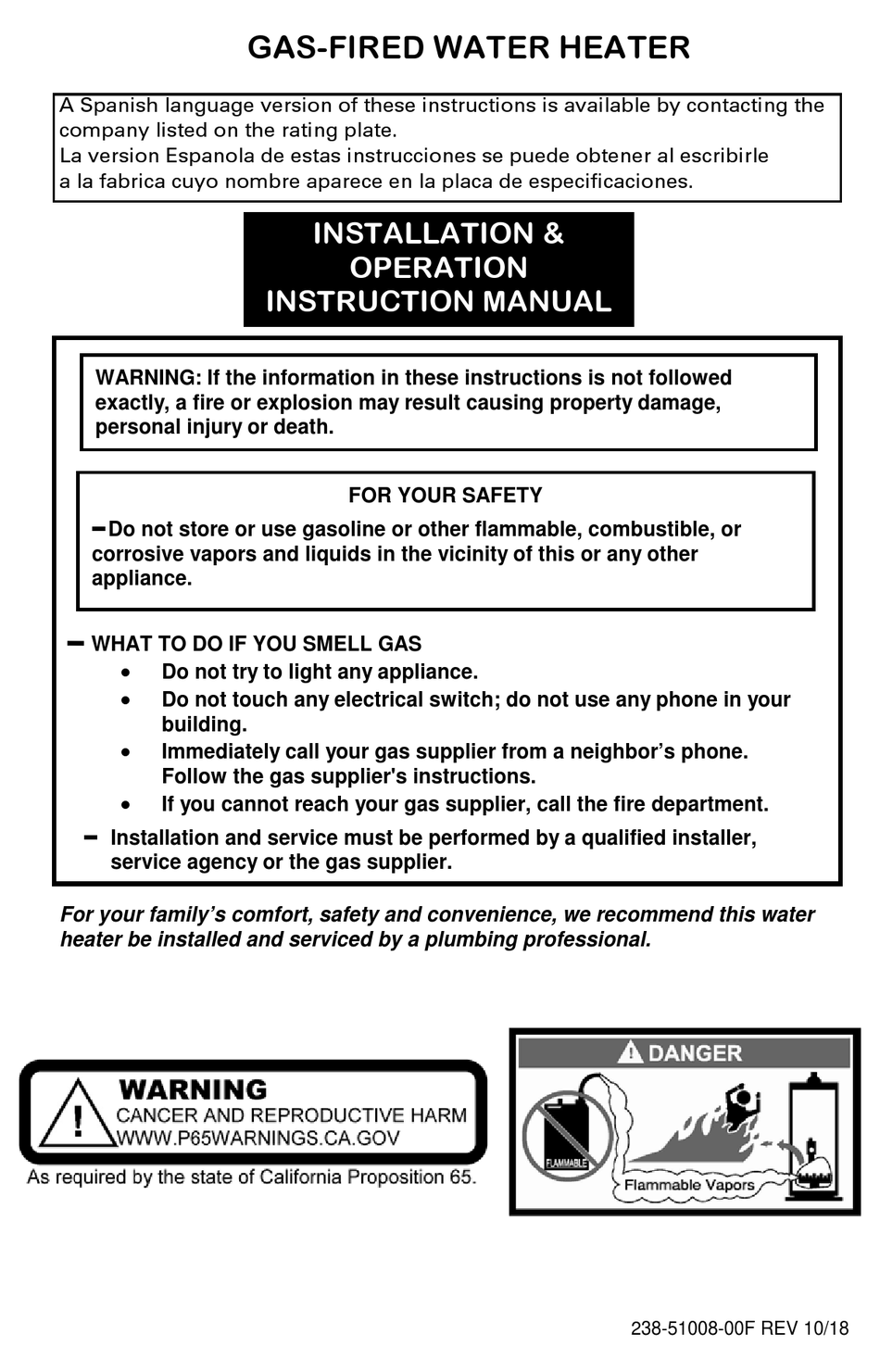 BRADFORD WHITE ULG2100H805N INSTALLATION/OPERATION INSTRUCTION MANUAL ...