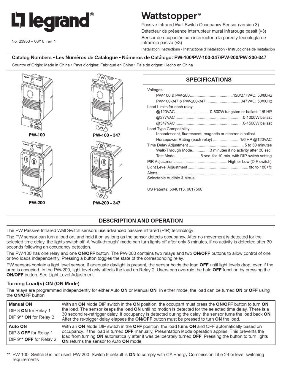 LEGRAND WATTSTOPPER PW-100-347 INSTALLATION INSTRUCTIONS MANUAL Pdf ...