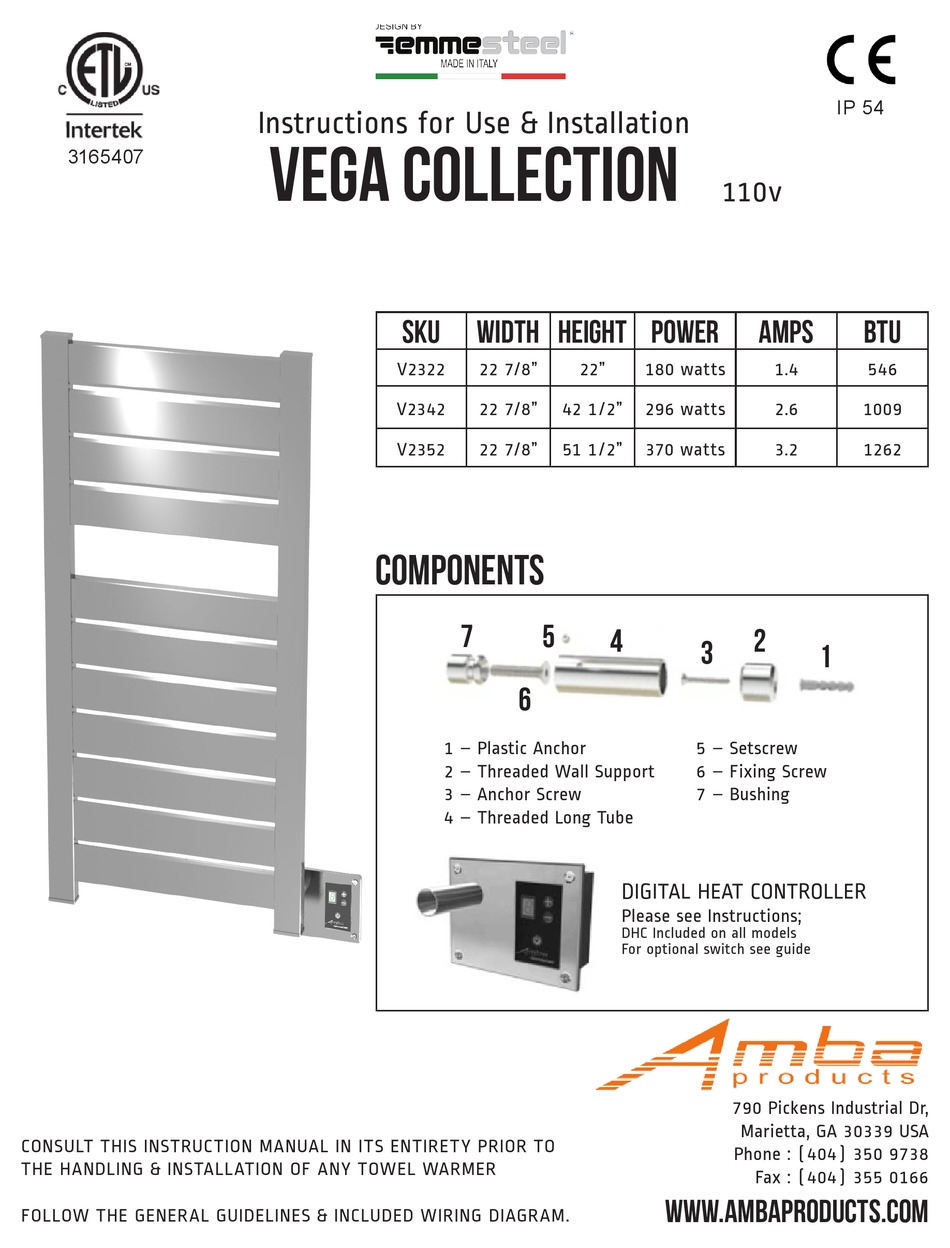 AMBA VEGA V2342 INSTRUCTIONS FOR USE & INSTALLATION Pdf Download