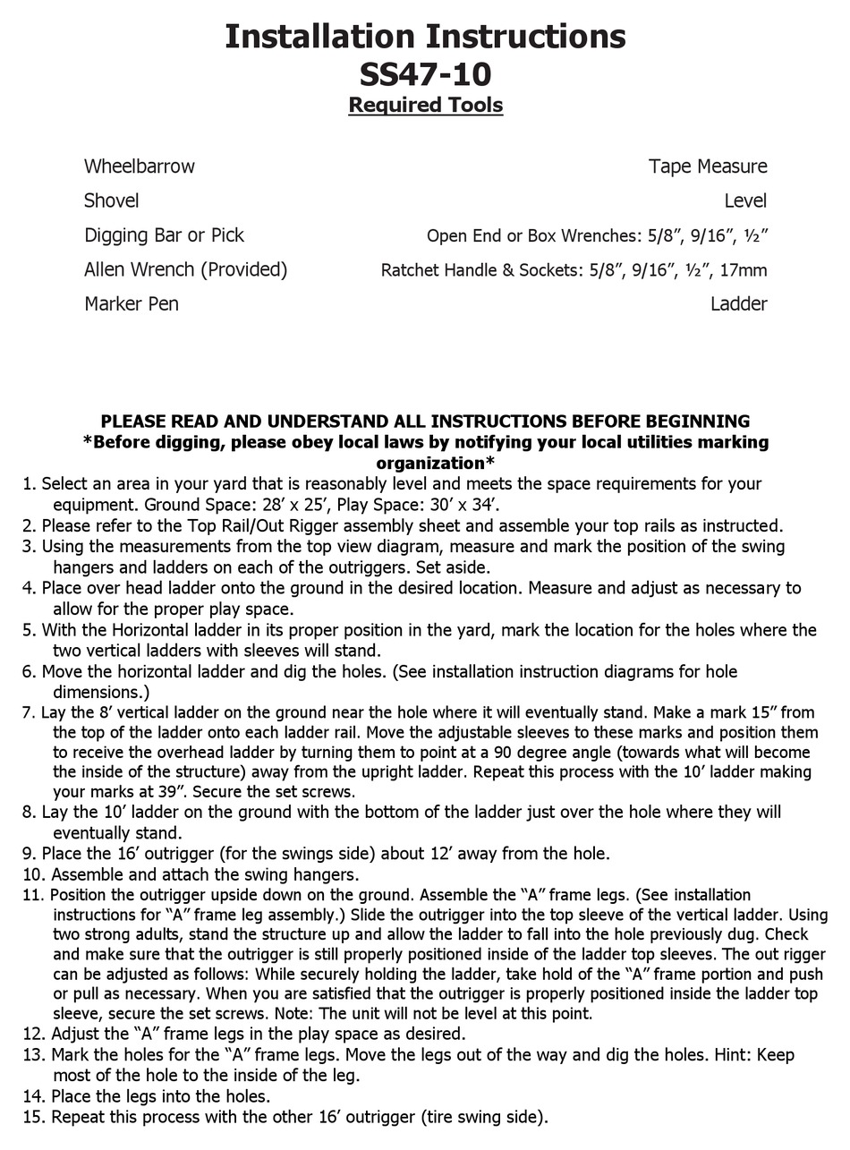 COMPONENT PLAYGROUNDS SS4710 INSTALLATION INSTRUCTIONS MANUAL Pdf