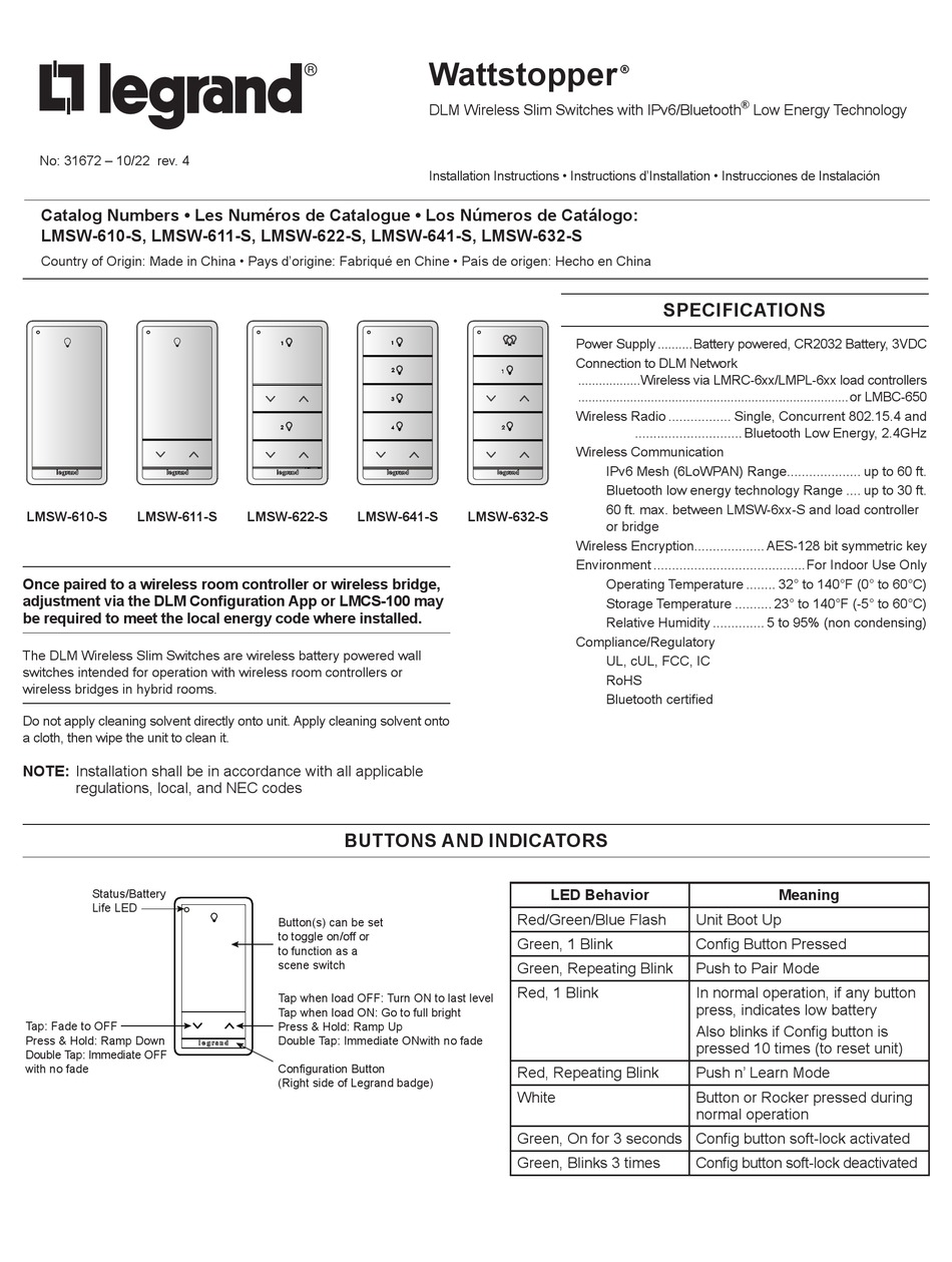 LEGRAND WATTSTOPPER LMSW-632-S INSTALLATION INSTRUCTIONS MANUAL Pdf ...