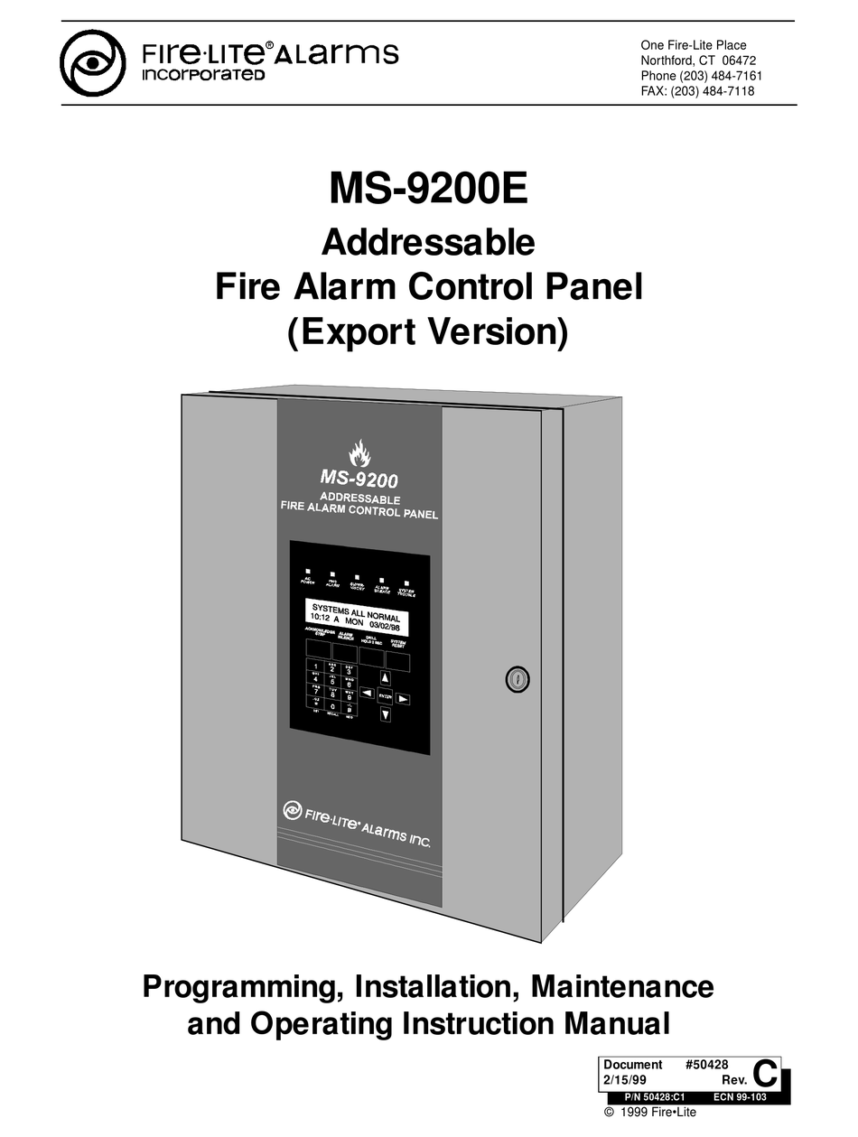 FIRELITE ALARMS MS9200E PROGRAMMING, INSTALLATION, MAINTENANCE AND