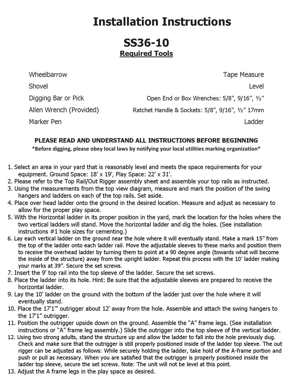 COMPONENT PLAYGROUNDS SS3610 INSTALLATION INSTRUCTIONS MANUAL Pdf