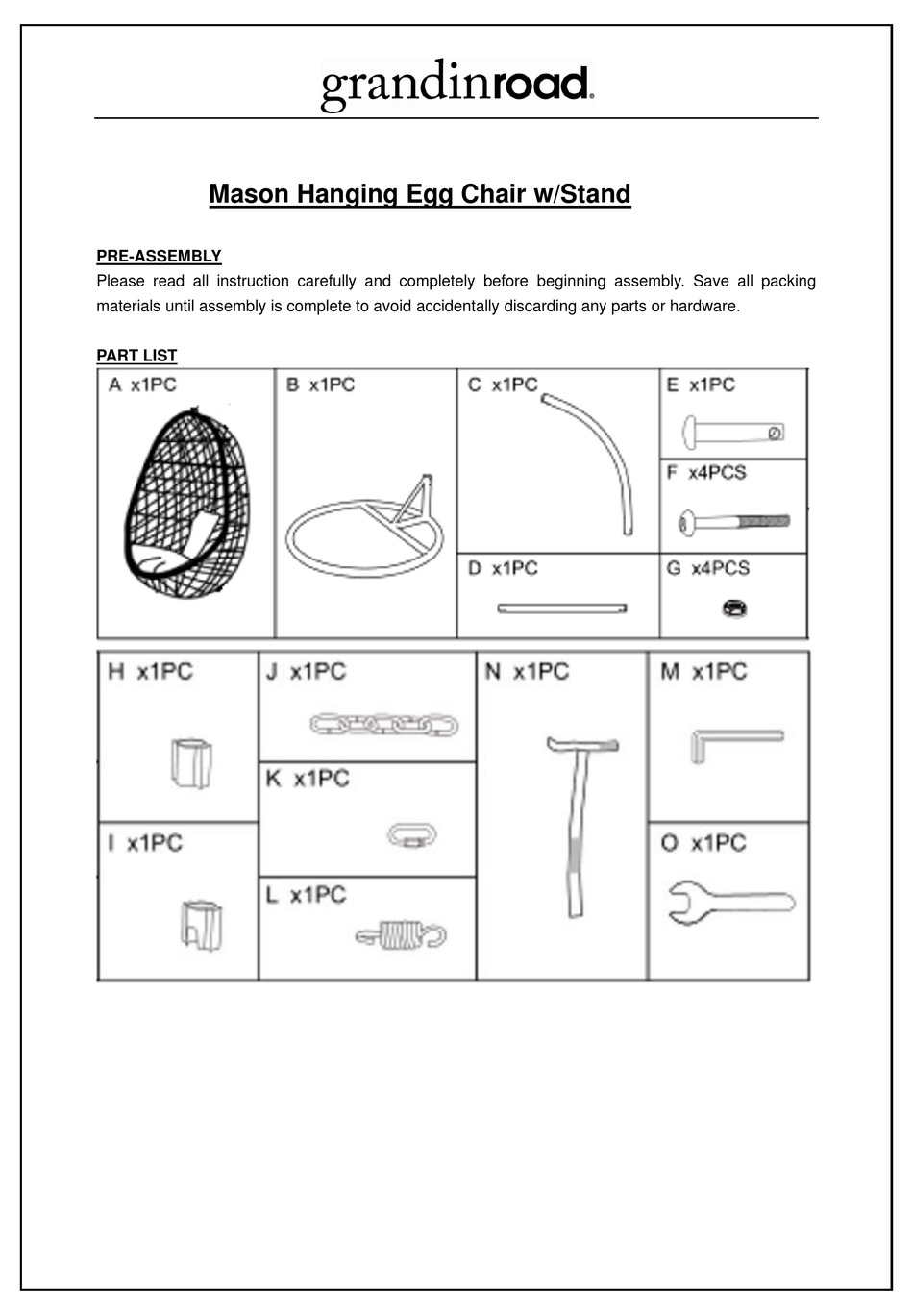 GRANDINROAD MASON HANGING EGG CHAIR W/STAND MANUAL Pdf Download
