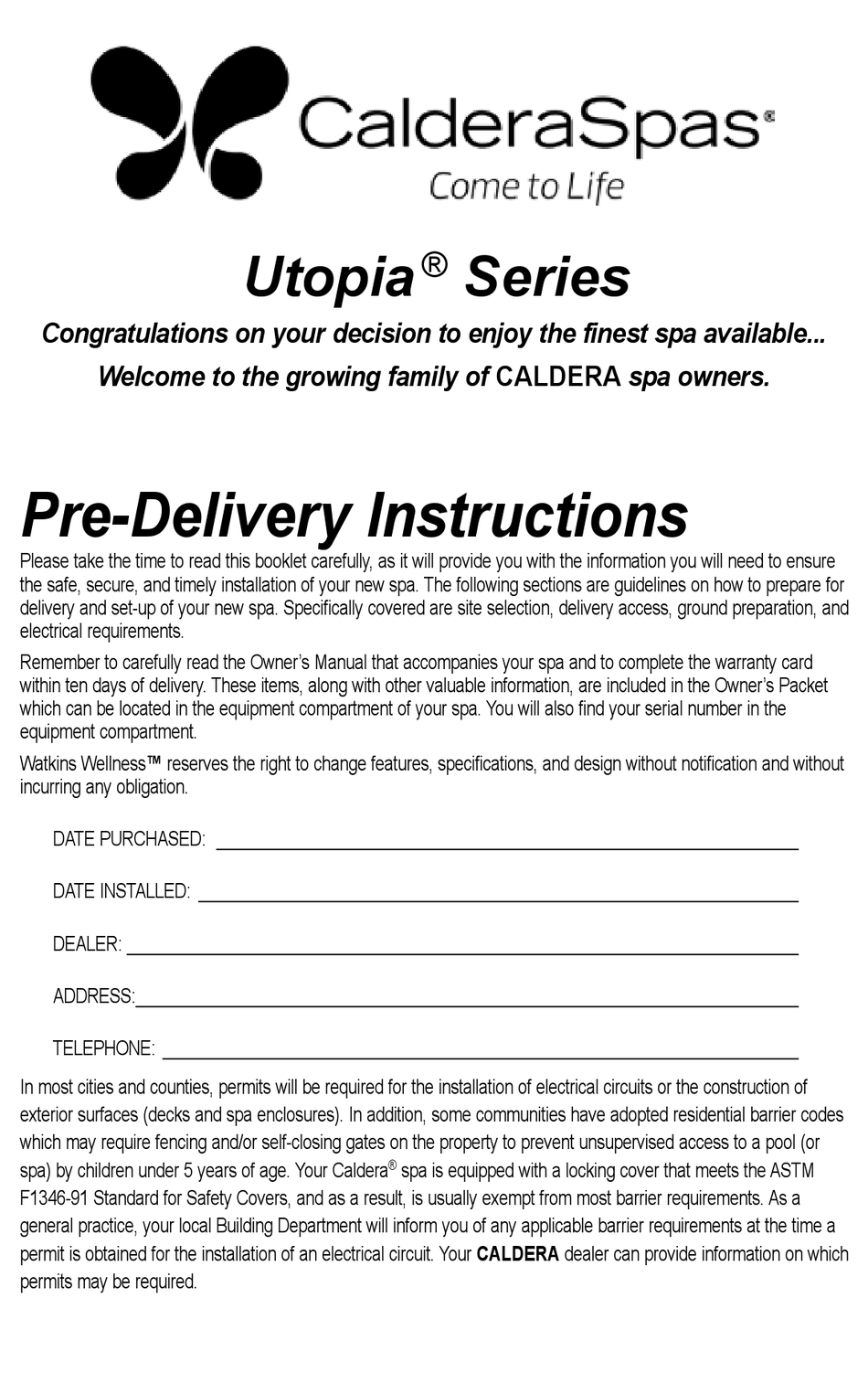 CALDERASPAS UTOPIA SERIES PREDELIVERY INSTRUCTIONS Pdf Download
