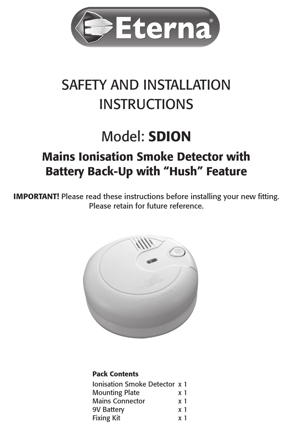 ETERNA SDION SAFETY AND INSTALLATION INSTRUCTIONS MANUAL Pdf Download