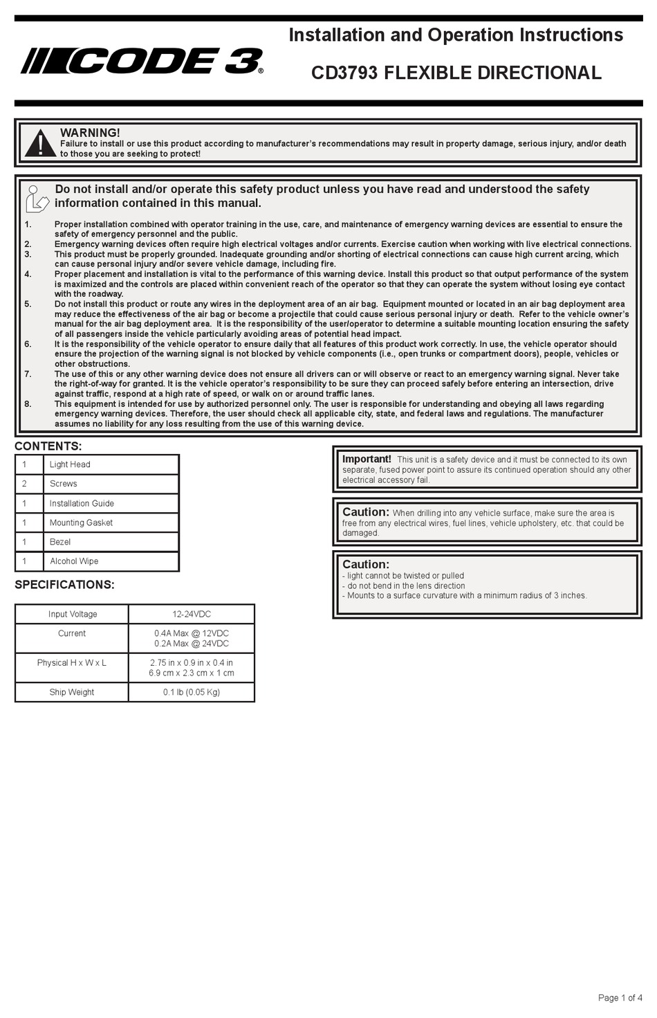 CODE 3 MEGAFLEX SERIES INSTALLATION AND OPERATION INSTRUCTION MANUAL