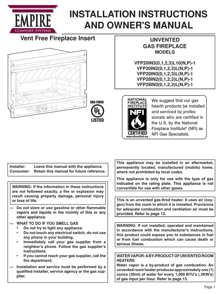 EMPIRE COMFORT SYSTEMS VFP28IN3 L SERIES INSTALLATION INSTRUCTIONS AND ...