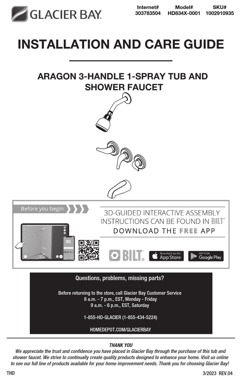 GLACIER BAY ARAGON HD834X0001 INSTALLATION AND CARE MANUAL Pdf