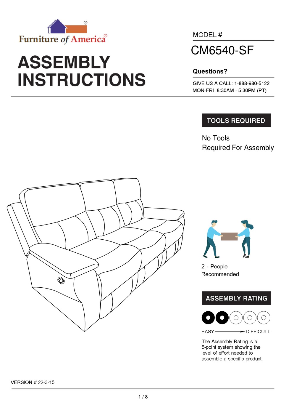 FURNITURE OF AMERICA LILA CM6540SF ASSEMBLY INSTRUCTIONS MANUAL Pdf