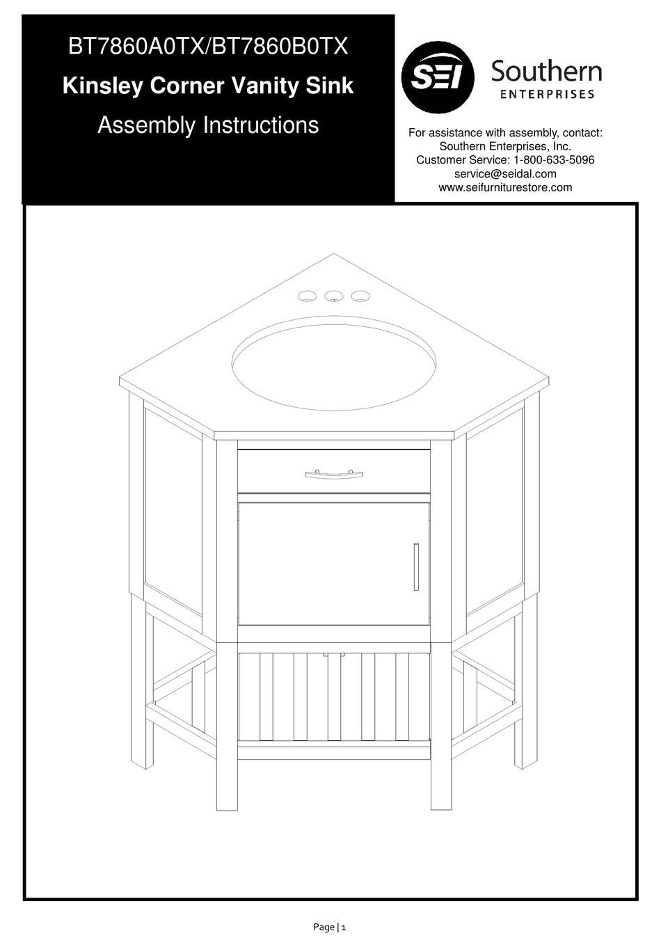 SOUTHERN ENTERPRISES KINSLEY BT7860A0TX ASSEMBLY INSTRUCTIONS MANUAL
