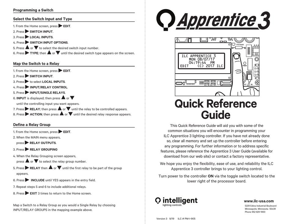 INTELLIGENT LIGHTING CONTROLS APPRENTICE 3 QUICK REFERENCE MANUAL Pdf