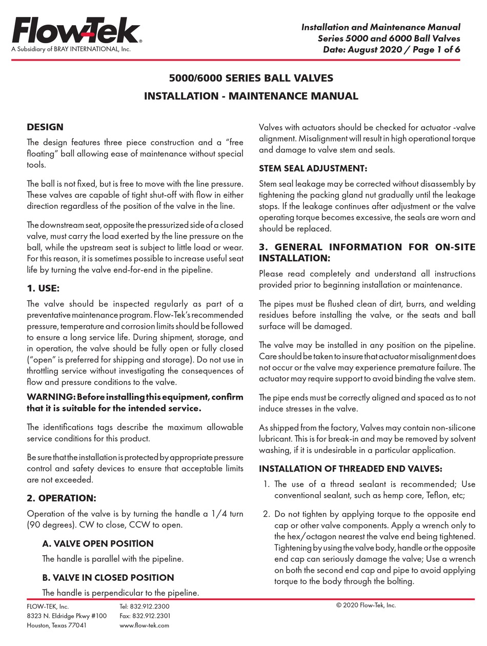 BRAY FLOWTEK 5000 SERIES INSTALLATION MANUAL Pdf Download ManualsLib