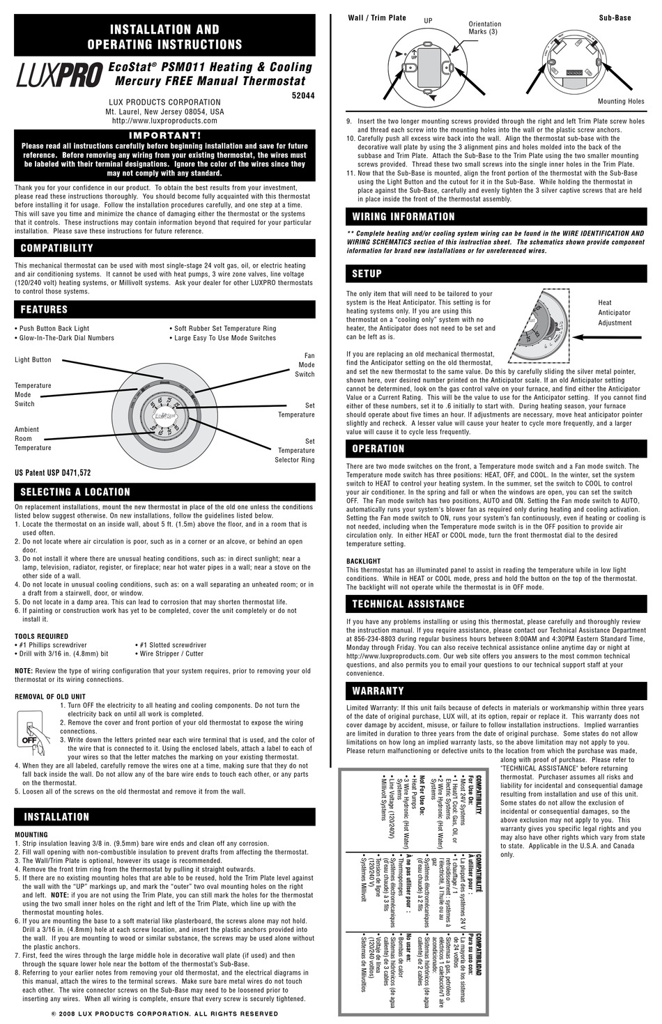 LUX PRODUCTS LUXPRO ECOSTAT PSM011 INSTALLATION AND OPERATING