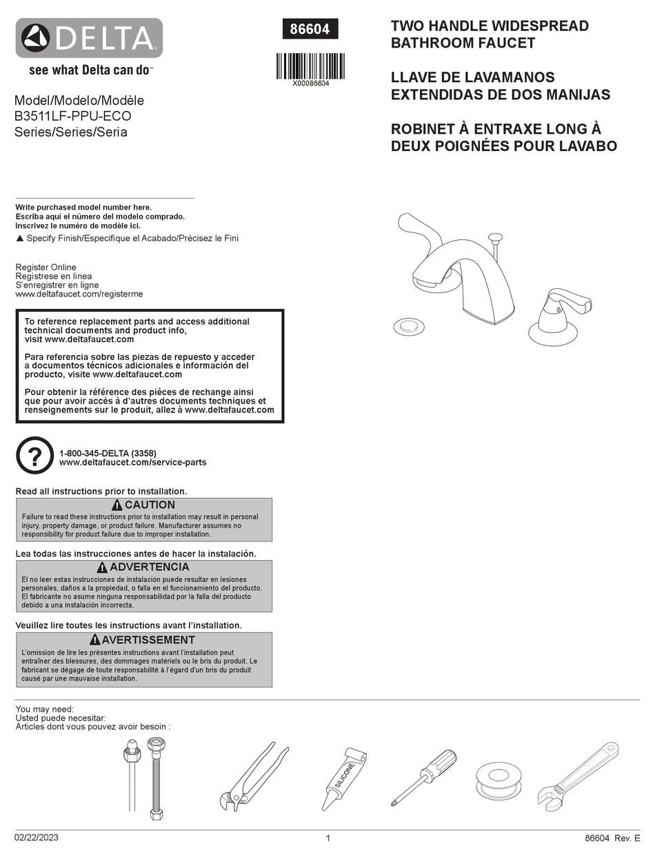 DELTA FOUNDATIONS B3511LFPPUECO INSTALLATION INSTRUCTIONS MANUAL Pdf