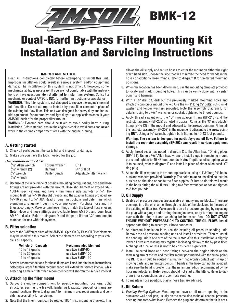 AMSOIL BMK-12 INSTALLATION AND SERVICING INSTRUCTION Pdf Download ...