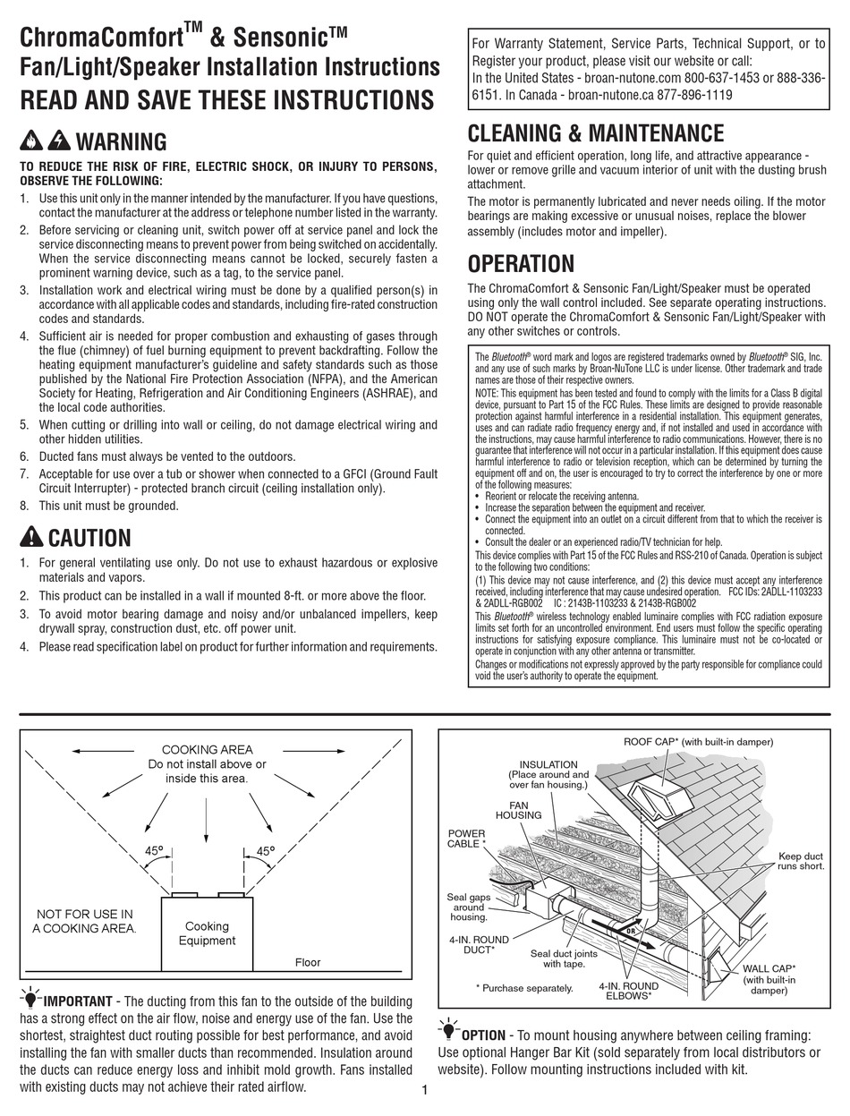 NUTONE & SENSONIC SPKN110RGBL INSTALLATION INSTRUCTIONS