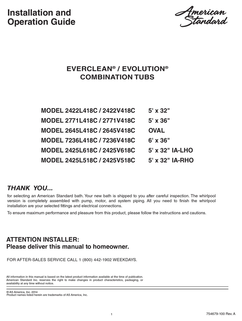 AMERICAN STANDARD EVERCLEAN / EVOLUTION 422L418C INSTALLATION AND