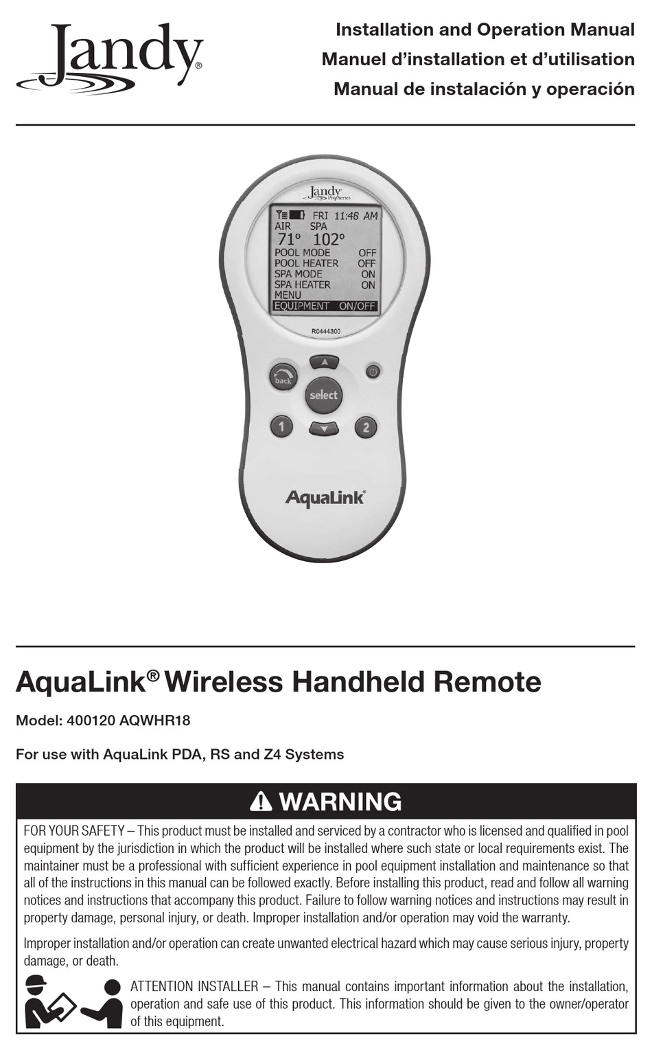 JANDY AQUALINK AQWHR18 INSTALLATION AND OPERATION MANUAL Pdf Download