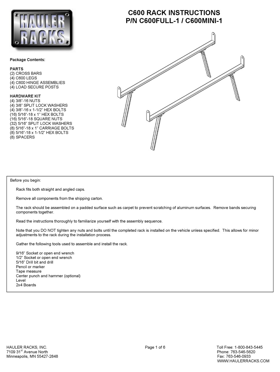 HAULER RACKS C600 INSTRUCTIONS MANUAL Pdf Download ManualsLib