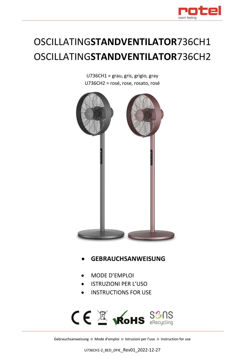 ROTEL OSCILLATINGSTANDVENTILATOR736CH1 INSTRUCTIONS FOR USE MANUAL Pdf
