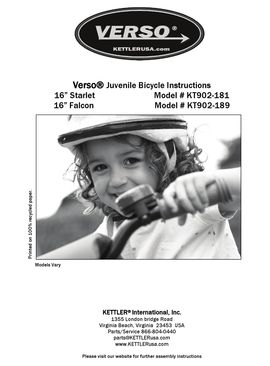KETTLER VERSO JUVENILE BICYCLE 16 STARLET MANUAL Pdf Download ManualsLib
