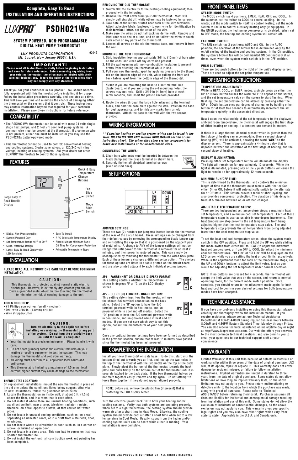 LUX PRODUCTS LUXPRO PSDH021BA INSTALLATION AND OPERATING INSTRUCTIONS