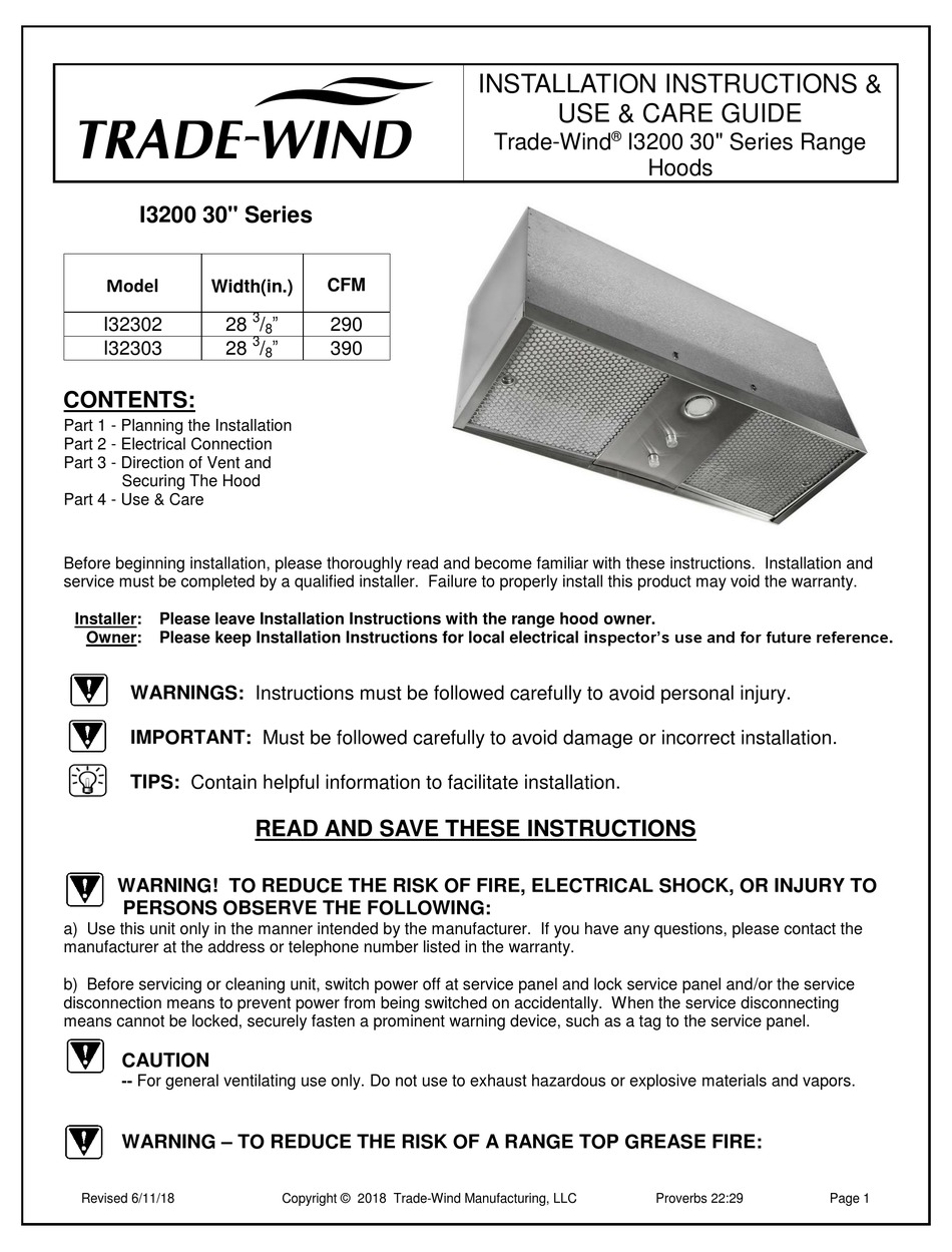 TRADEWIND I32302 INSTALLATION INSTRUCTIONS & USE & CARE MANUAL Pdf
