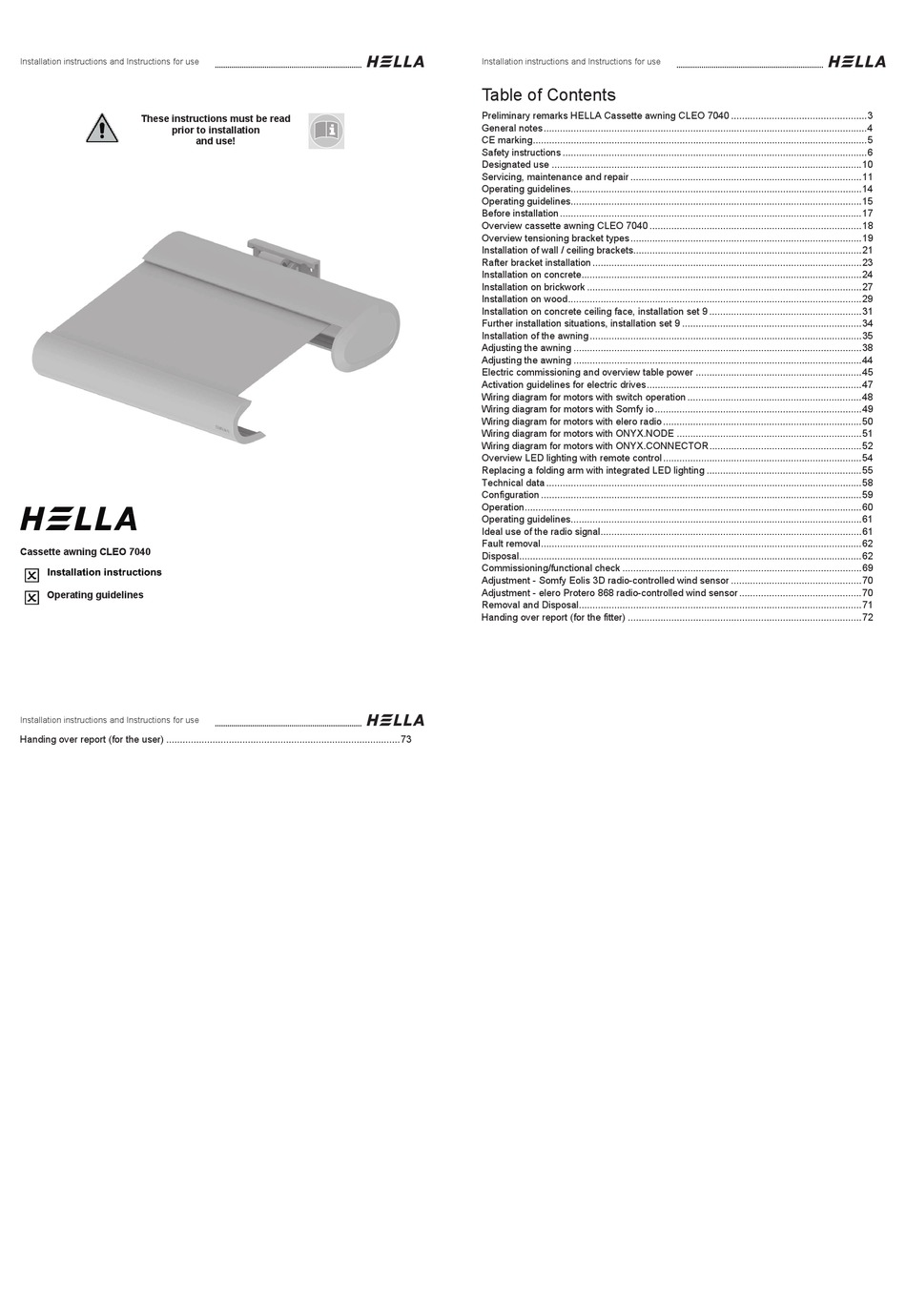 HELLA CLEO 7040 INSTALLATION INSTRUCTIONS AND INSTRUCTIONS FOR USE Pdf