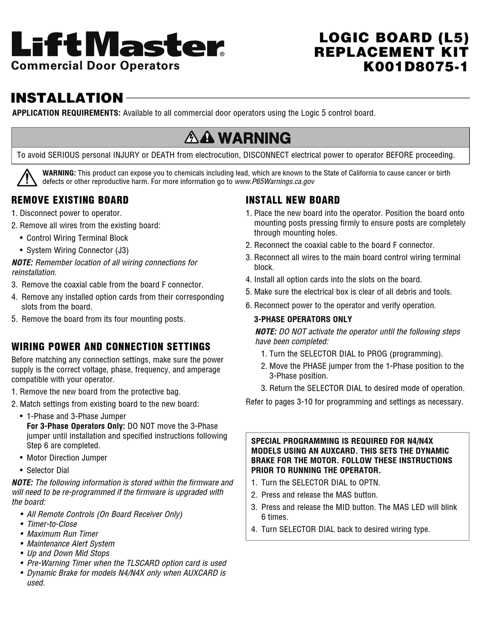 CHAMBERLAIN K001D8075-1 INSTALLATION MANUAL Pdf Download | ManualsLib