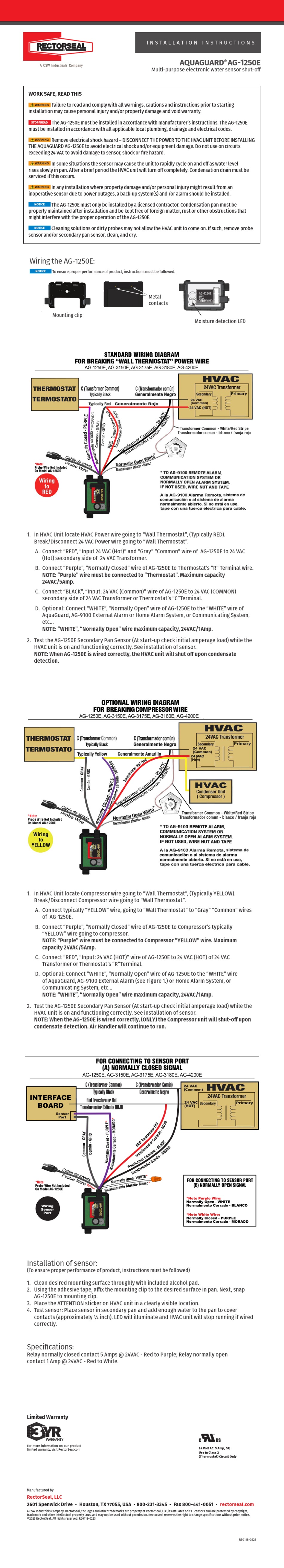 CSW RECTORSEAL AQUAGUARD AG1250E INSTALLATION INSTRUCTIONS Pdf