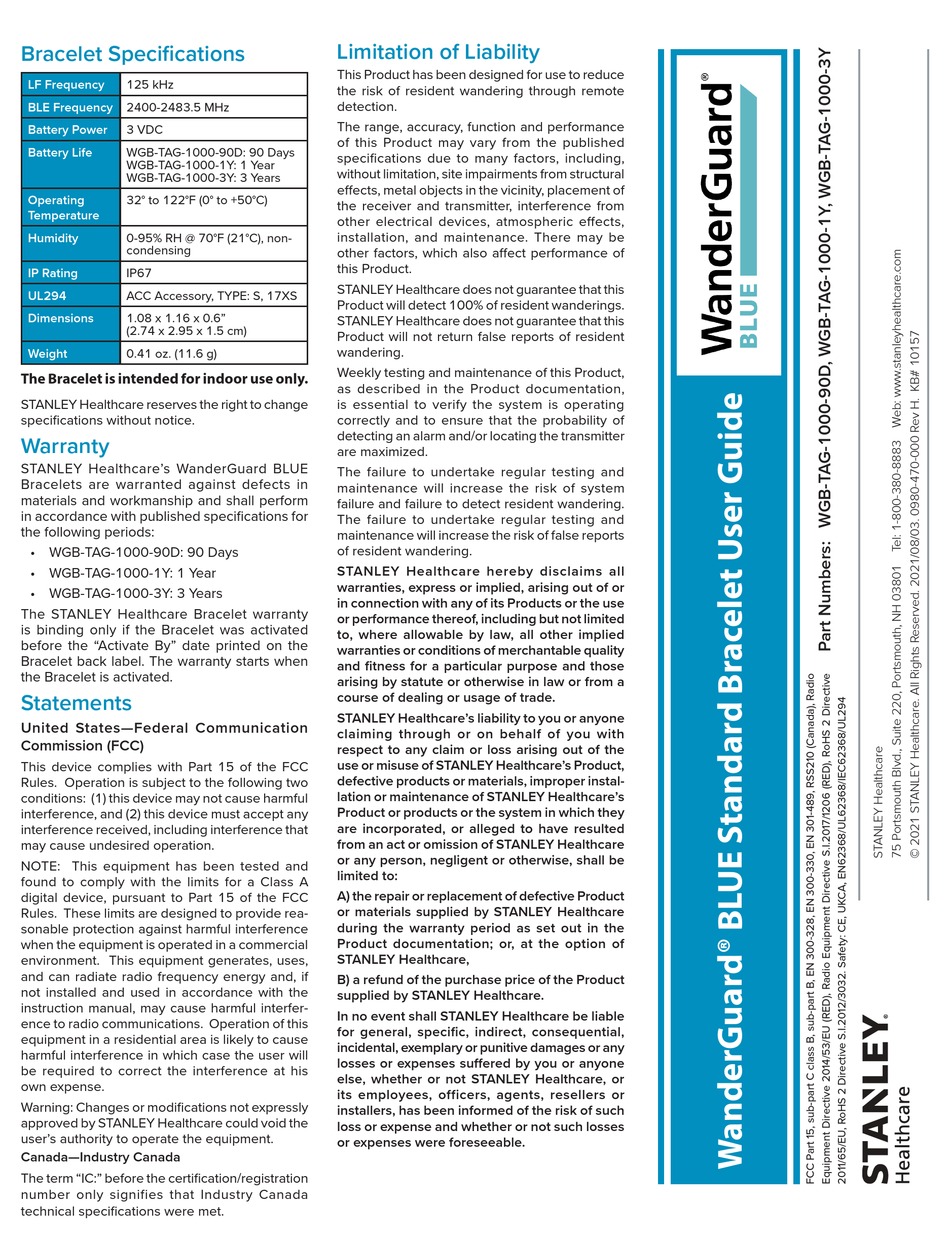 STANLEY HEALTHCARE WANDERGUARD BLUE STANDARD USER MANUAL Pdf Download