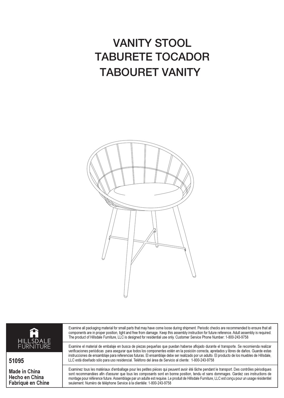 HILLSDALE FURNITURE VANITY STOOL 51095 ASSEMBLY INSTRUCTIONS Pdf