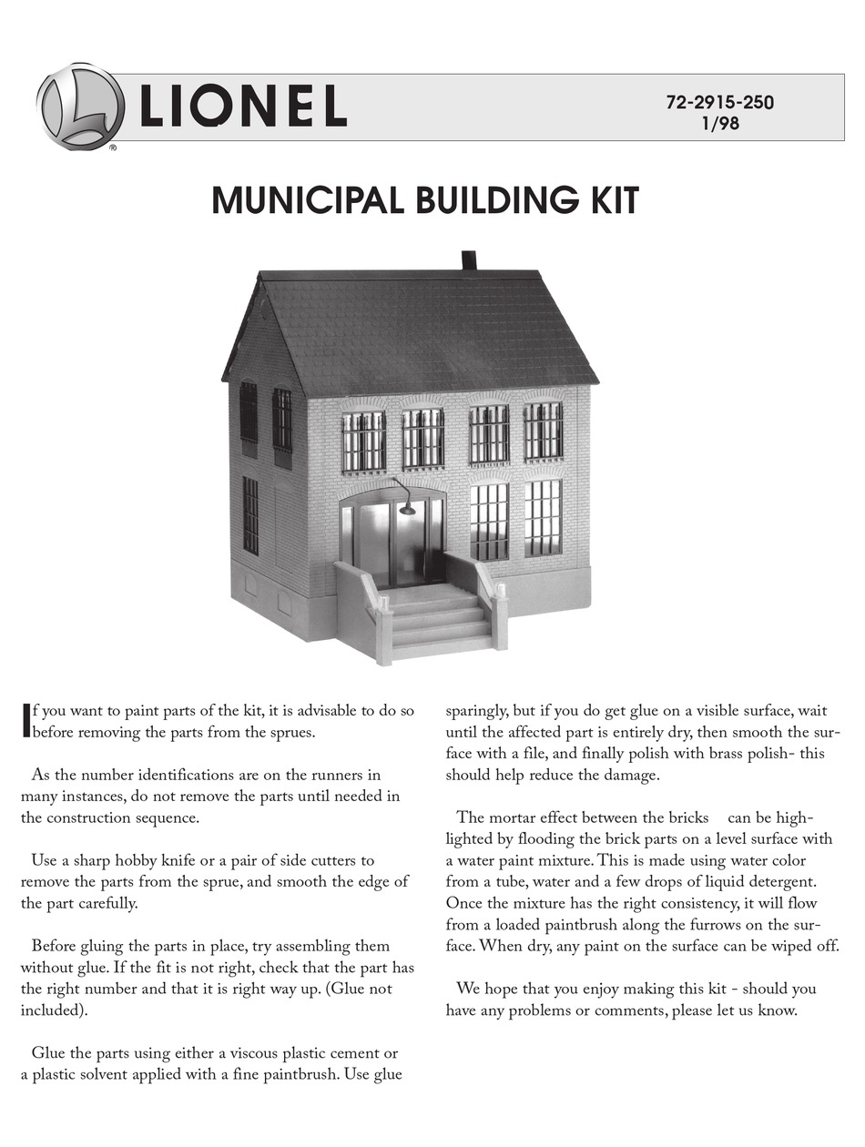 LIONEL MUNICIPAL BUILDING KIT ASSEMBLY INSTRUCTIONS Pdf Download