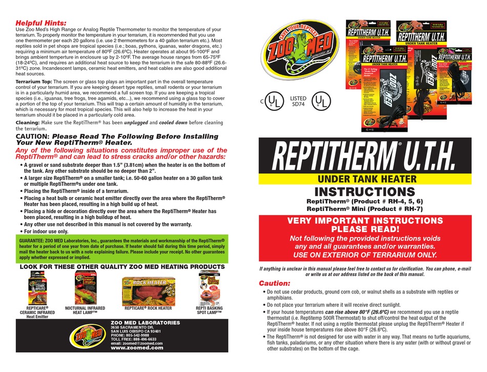 ZOO MED REPTITHERM RH4 INSTRUCTIONS Pdf Download ManualsLib
