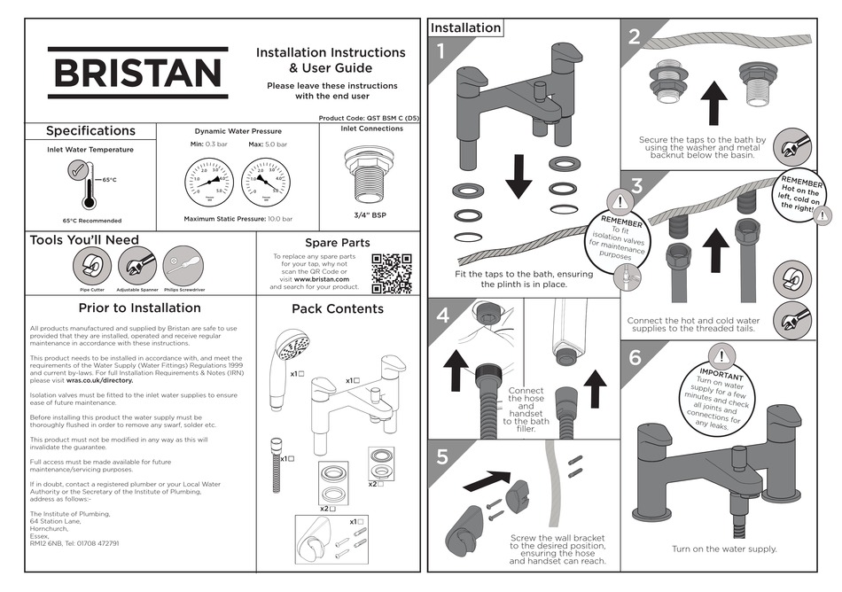 BRISTAN QST BSM C (D5) INSTALLATION INSTRUCTIONS & USER MANUAL Pdf