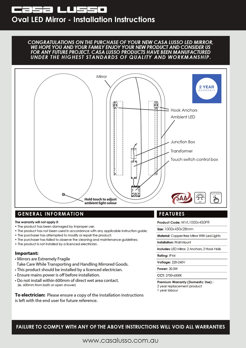 CASA LUSSO MVL1000X450PR INSTALLATION INSTRUCTIONS Pdf Download