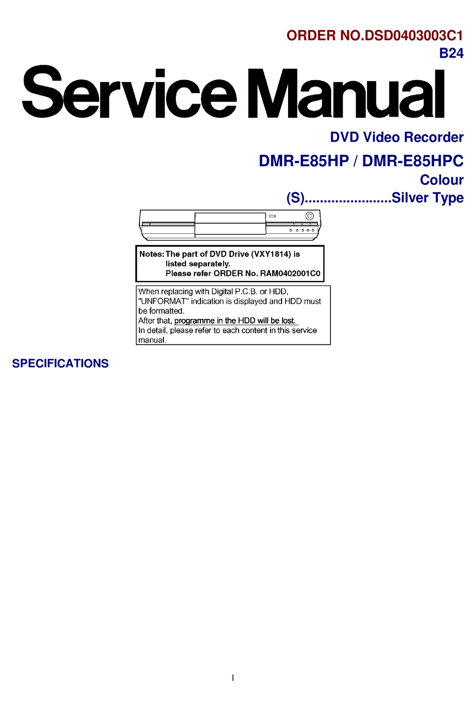 PANASONIC DMRE85HP SERVICE MANUAL Pdf Download ManualsLib