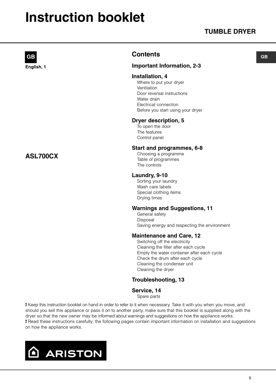 ARISTON ASL700CX INSTRUCTION BOOKLET Pdf Download | ManualsLib