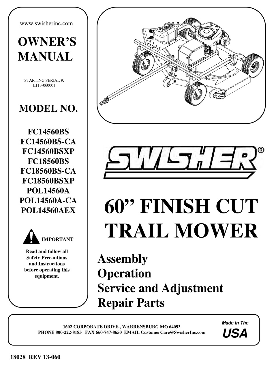 SWISHER FC18560BS OWNER'S MANUAL Pdf Download ManualsLib