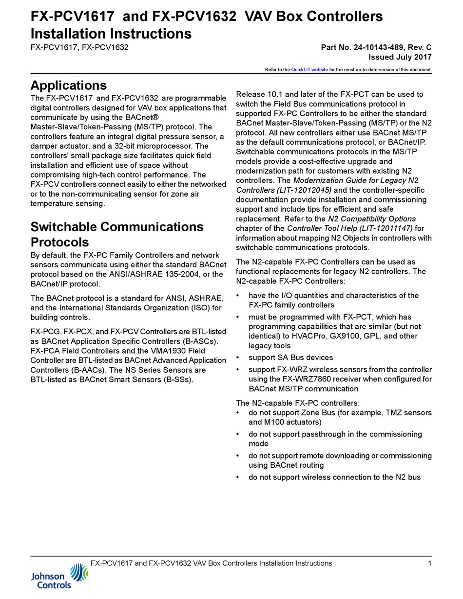 JOHNSON CONTROLS FXPCV1617 INSTALLATION INSTRUCTIONS MANUAL Pdf