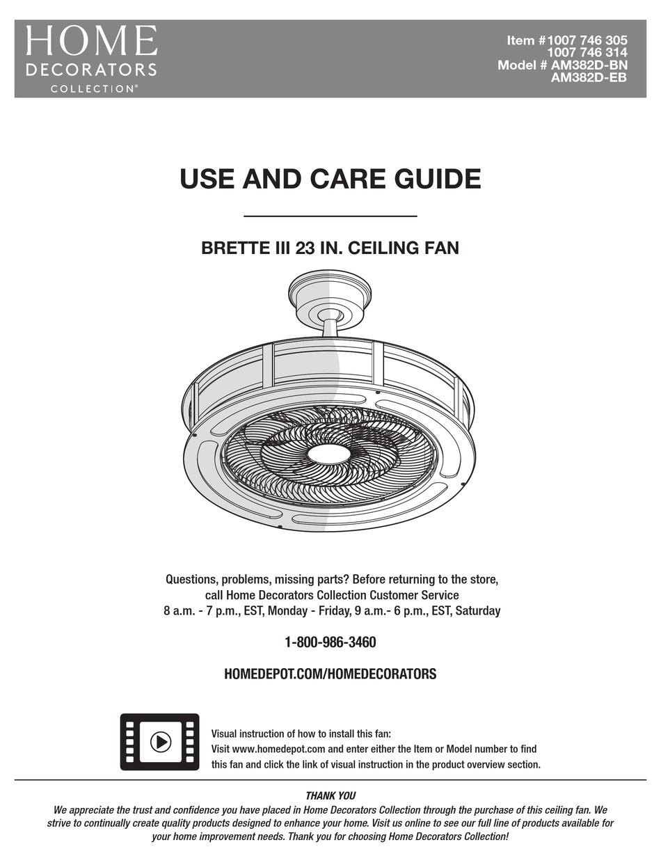 HOME DECORATORS COLLECTION BRETTE III AM382DBN USE AND CARE MANUAL Pdf