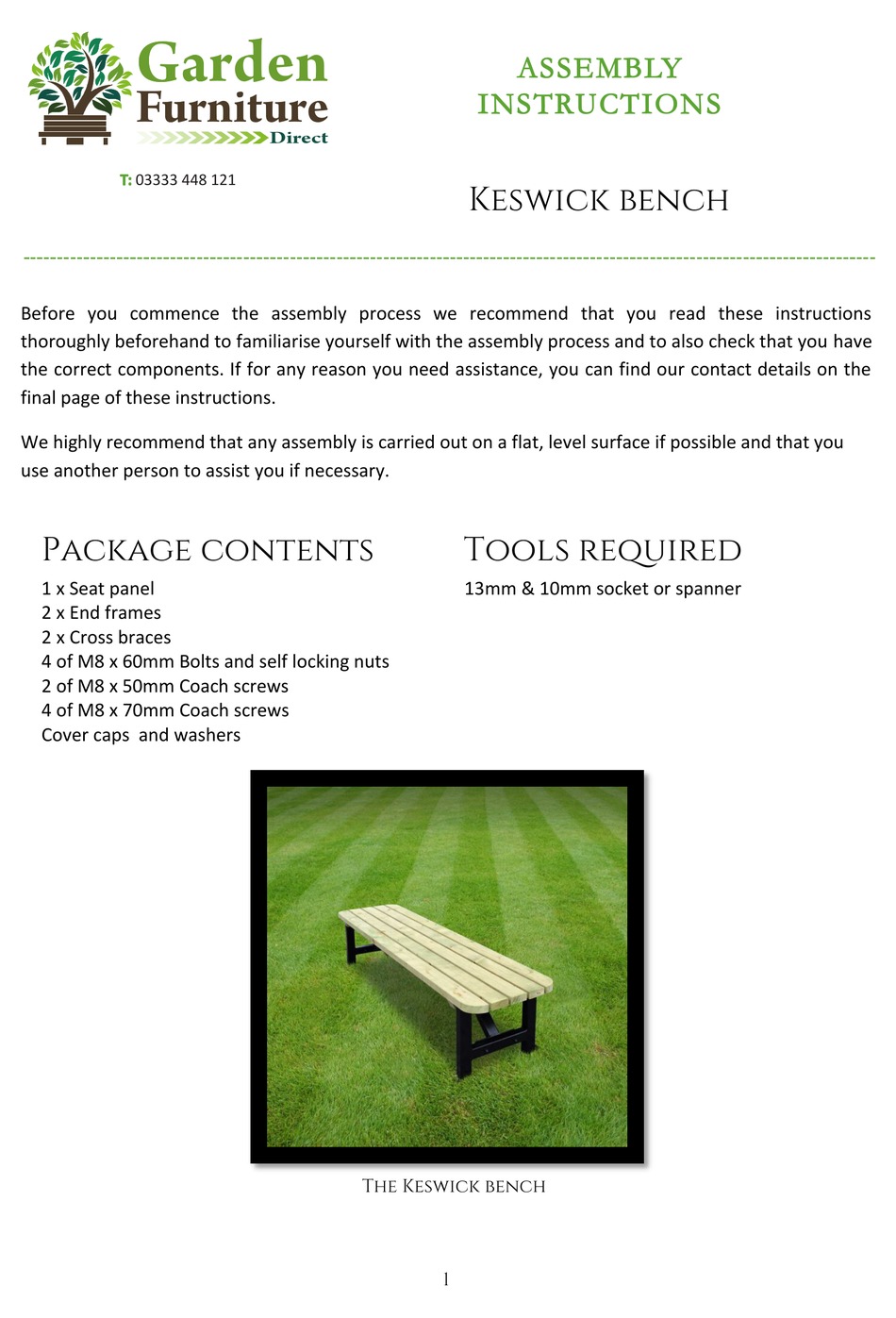 GARDEN FURNITURE DIRECT KESWICK BENCH ASSEMBLY INSTRUCTIONS Pdf