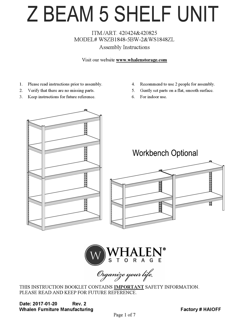 WHALEN Z BEAM WSZB18485BW2 ASSEMBLY INSTRUCTIONS MANUAL Pdf Download