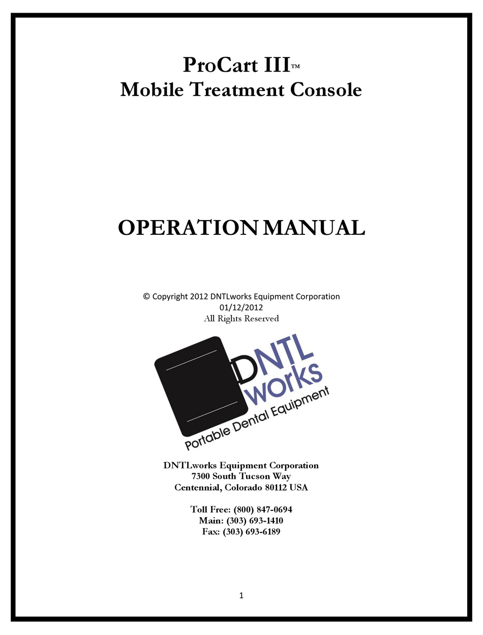 DNTLWORKS EQUIPMENT PROCART III OPERATION MANUAL Pdf Download | ManualsLib